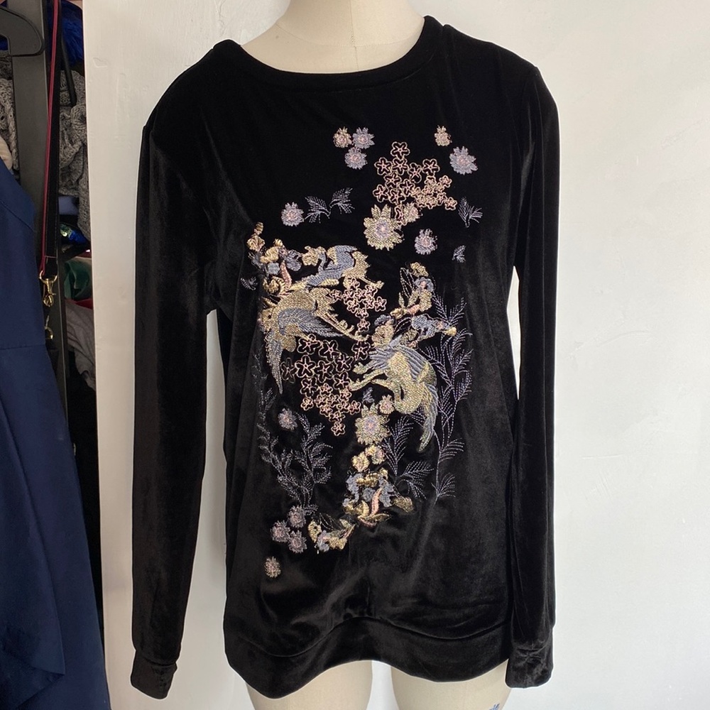 Embroidered black velour top by river island size small